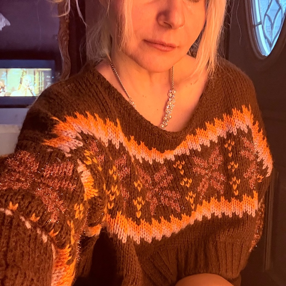 Forever 21 Brown and Orange Off-the-Shoulder Sweater